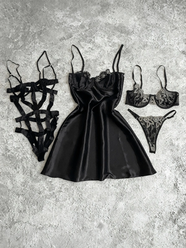 Bodysuit & Saten Gecelik & Sütyen Takım Kombin