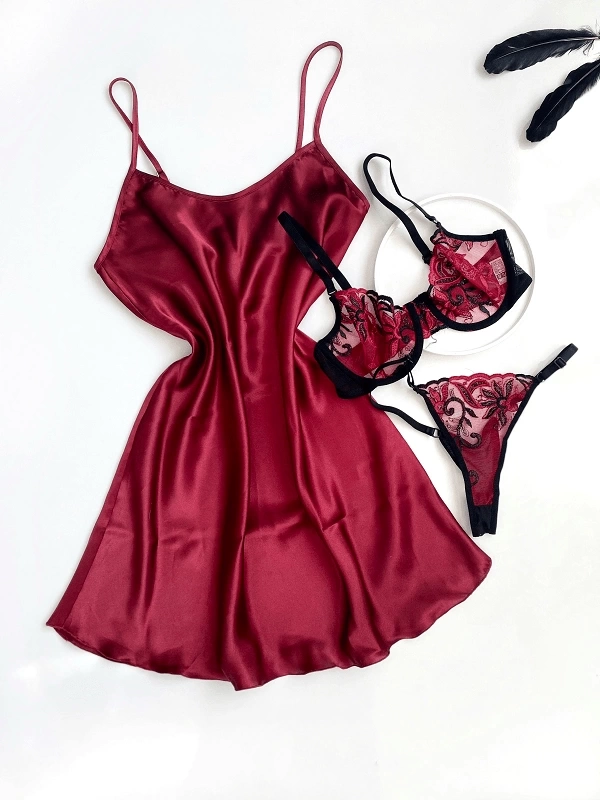 Burgundy Satin Nightgown & Underwire Lace Bra Set Combination