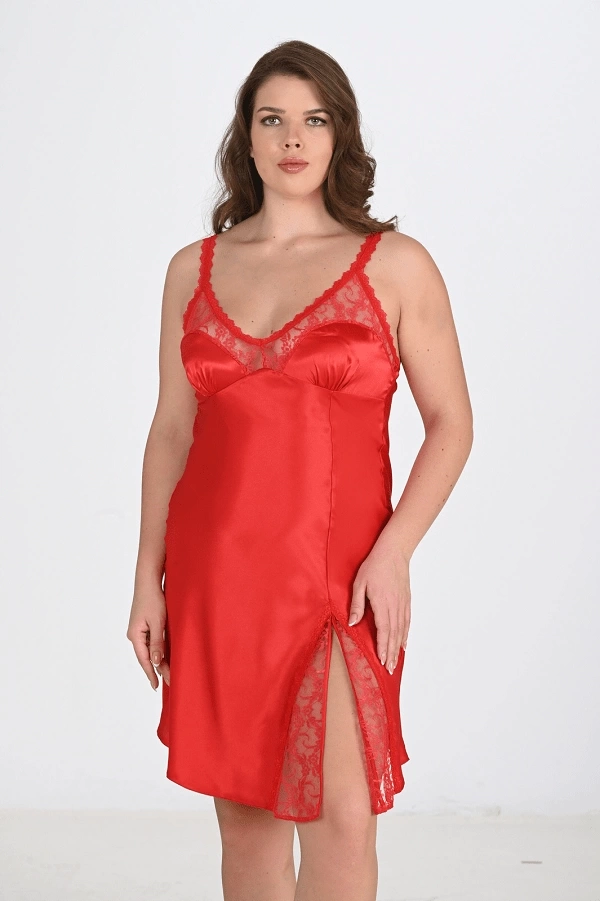 Large Size Slit Detailed Satin Nightgown