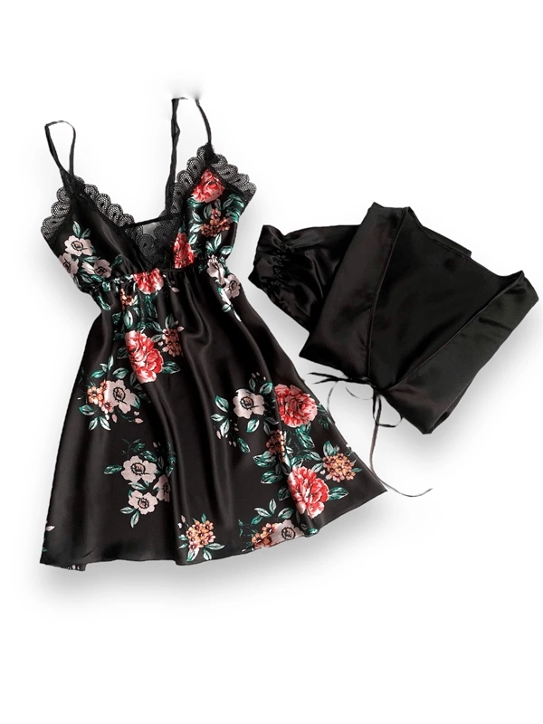 Floral Print Detailed Satin Dressing Gown Set