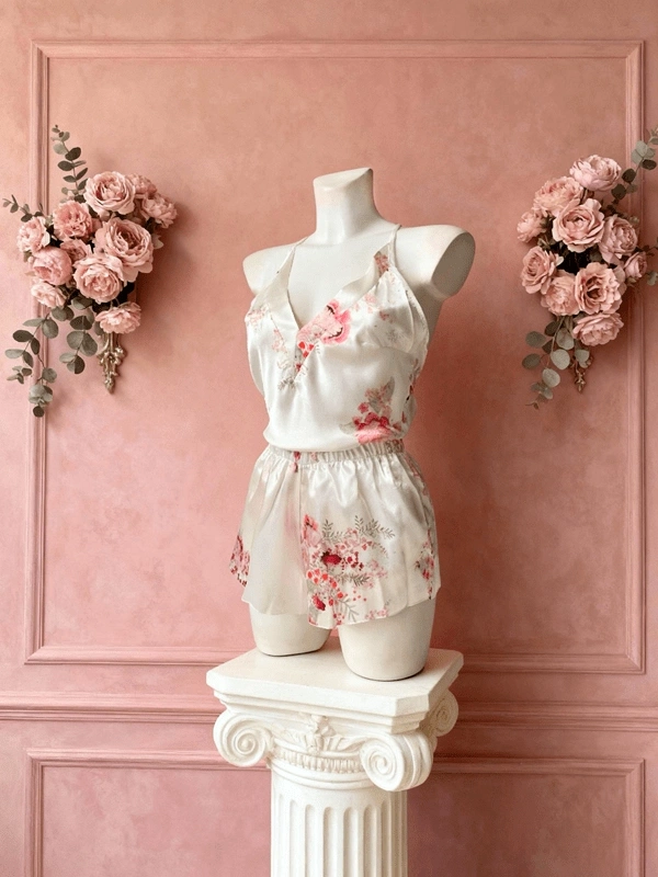 Çiçek Baskılı Yumuşak Saten Şortlu Takım