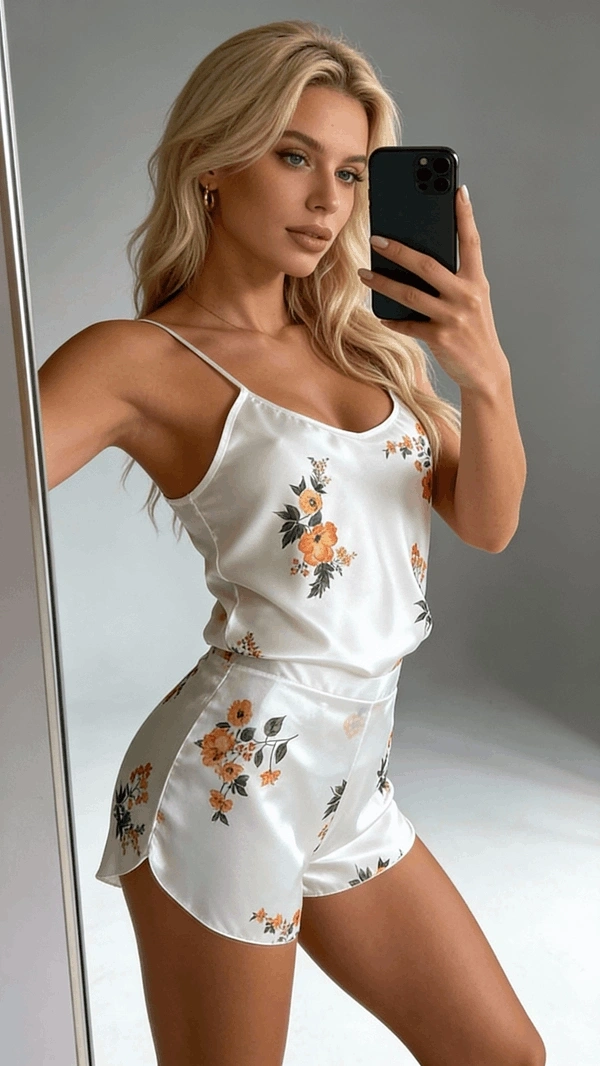 Çiçek Desenli Askılı Şortlu Takım
