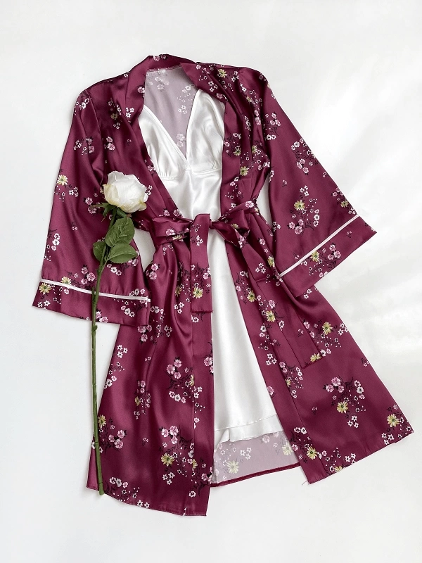 Floral Patterned Satin Dressing Gown Set