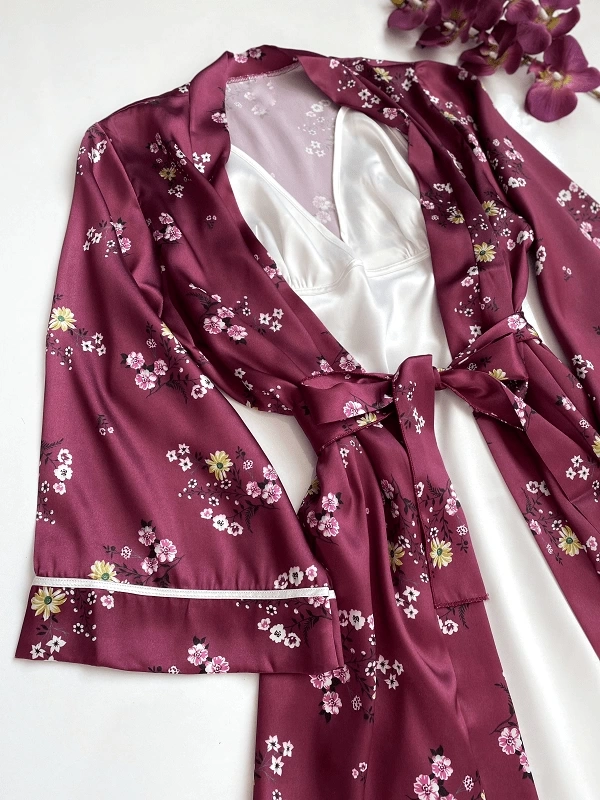 Floral Patterned Satin Dressing Gown Set