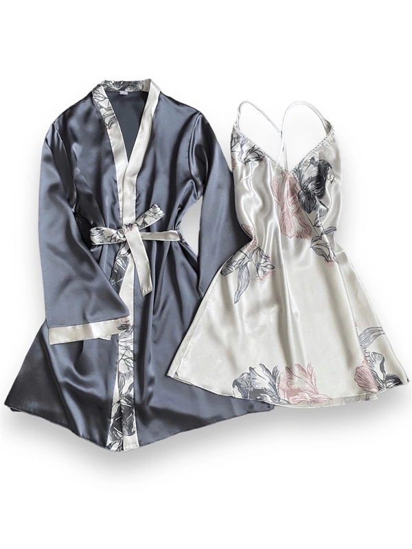 Floral Patterned Satin Dressing Gown Set