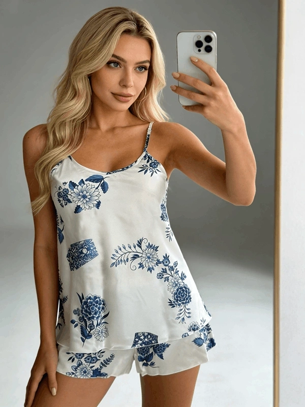 Floral Patterned Satin Shorts Set