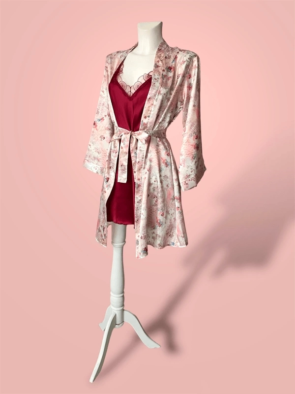 Floral Guipure Detailed Satin Dressing Gown Set