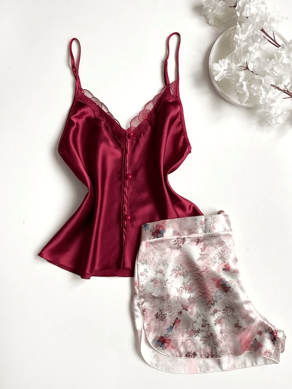 Floral Guipure Detailed Satin Shorts Set