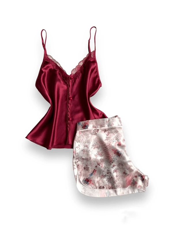 Floral Guipure Detailed Satin Shorts Set