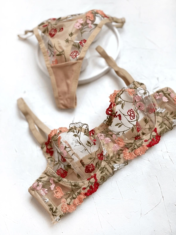 Flower Embroidered Bra Set