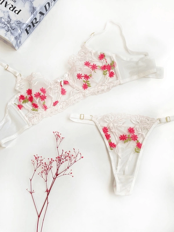 Flower Embroidered Bra Set