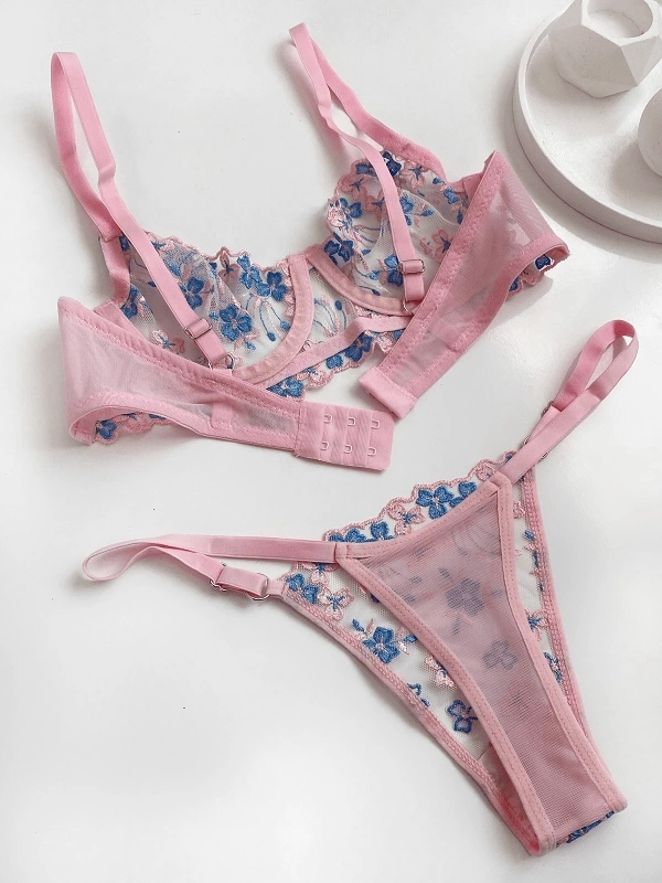 Flower Embroidered Bra Set