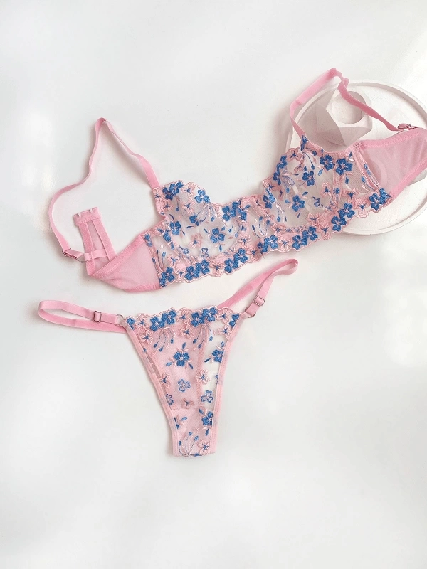 Flower Embroidered Bra Set