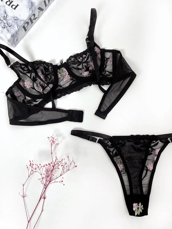 Flower Embroidered Bra Set