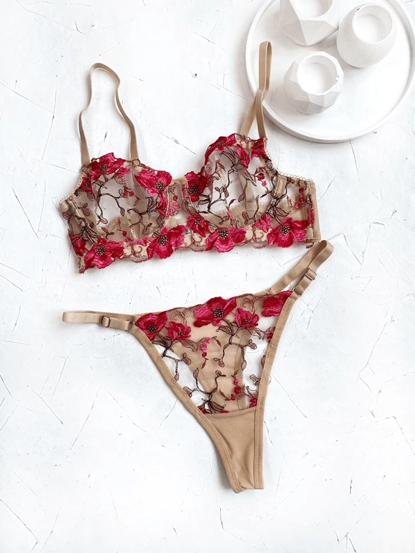 Flower Embroidered Bra Set