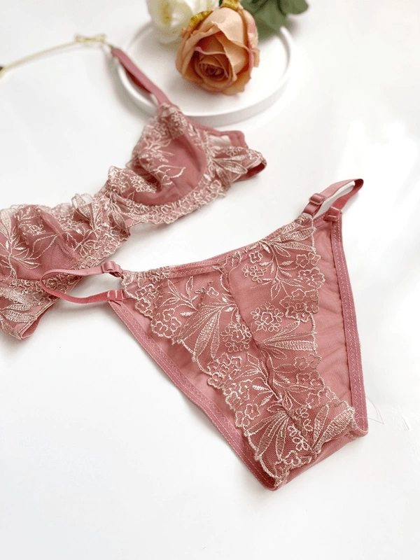 Flower Embroidered Bra Set