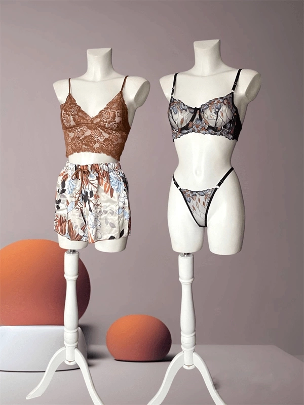 Lace Bralette Satin Shorts Set & Flower Embroidered Bra Set Combination