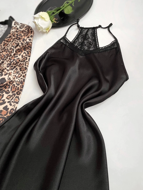 Lace Detailed Leopard Satin Dressing Gown Set