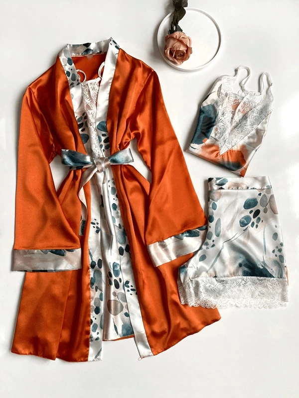 Patterned Satin Dressing Gown Set & Shorts Set Combination