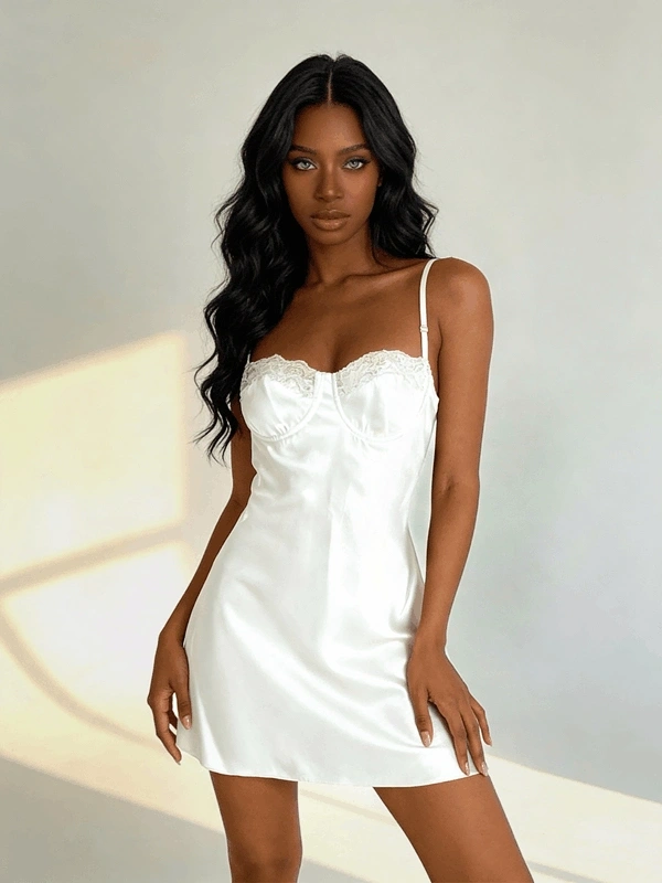 Göğüs Dantel Detaylı Saten Gecelik