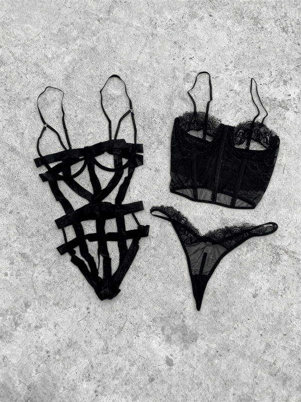Harness Bodysuit & Dantel Büstiyer Takım Kombin