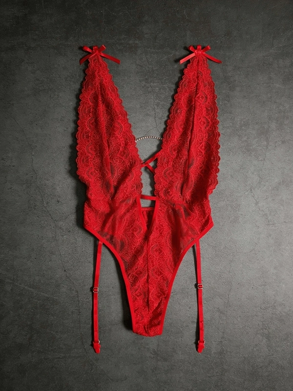 Jartiyerli Göğüs Taş Dekolteli Dantel Bodysuit