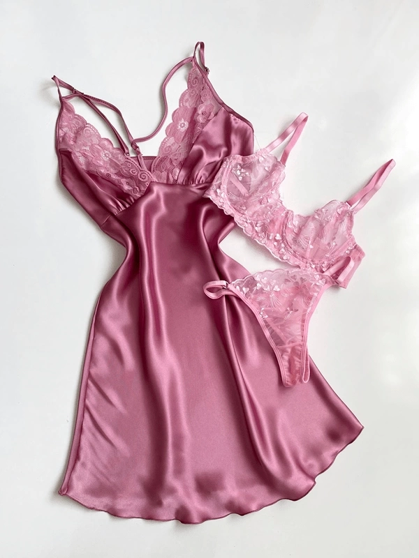 Heart Embroidered Bra Set & Lace Detailed Satin Nightgown Combination