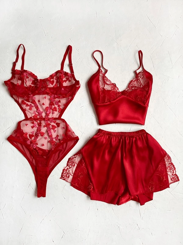 Hearted Body and Lace Low-cut Shorts Set Combine