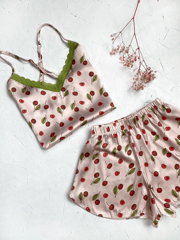 Cherry Printed Satin Shorts Set