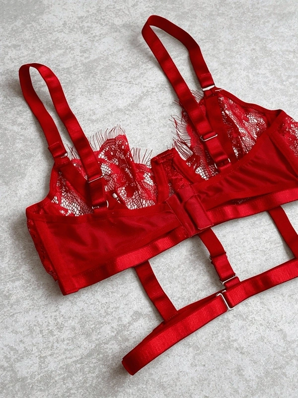 Kırmızı Dantel Büstiyerli Jartiyer Takım