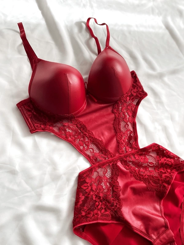 Kırmızı Dantel Detaylı Destekli Deri Bodysuit