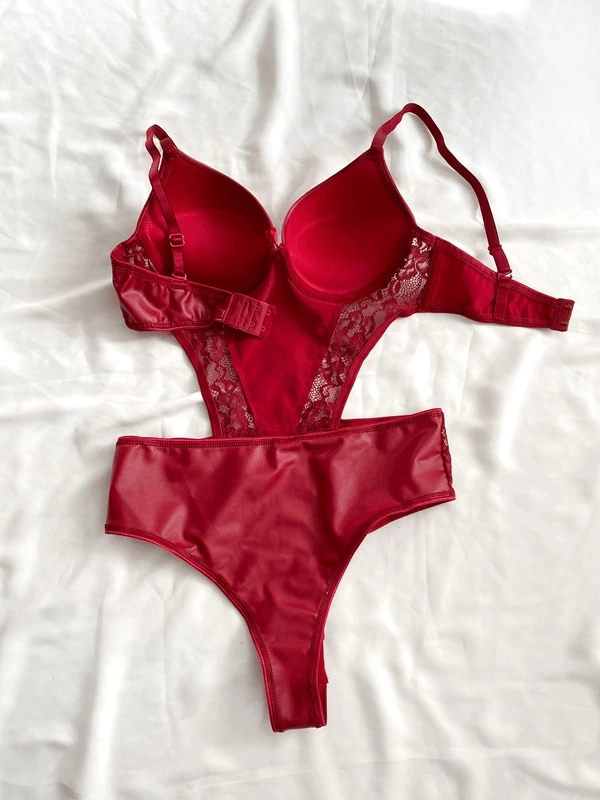 Kırmızı Dantel Detaylı Destekli Deri Bodysuit