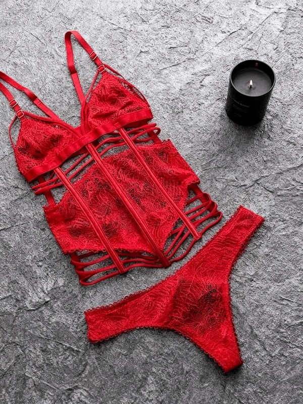 Kırmızı Güpürlü Büstiyer Takım