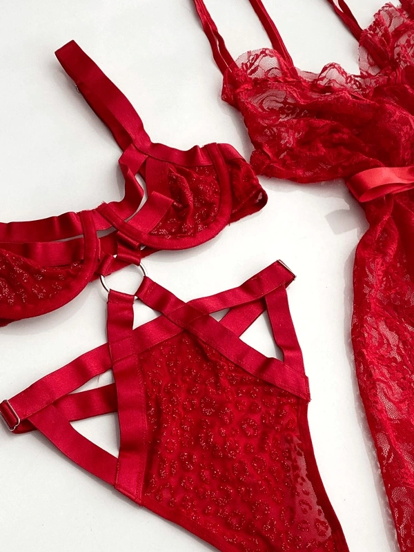 Kırmızı Kristal Bodysuit & Tül Gecelik Kombin