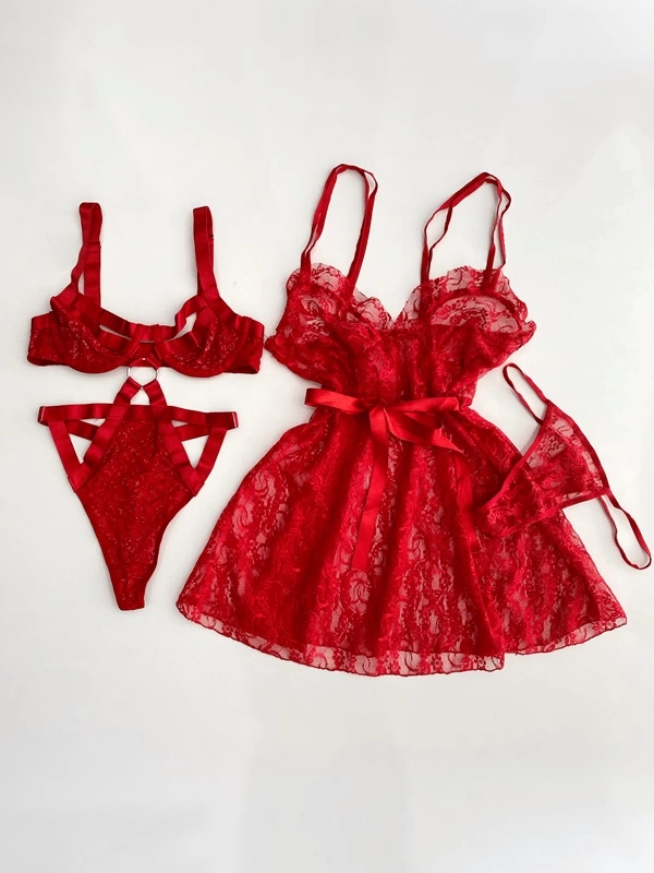 Kırmızı Kristal Bodysuit & Tül Gecelik Kombin