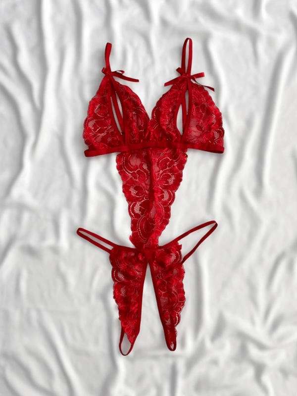 Kırmızı Özel Bölgesi Açık Dantel Detaylı Bodysuit