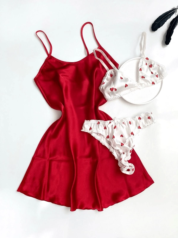 Red Satin Nightgown & Alice Bra Set Combination