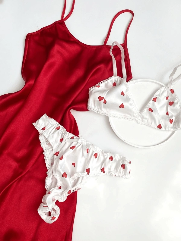 Red Satin Nightgown & Alice Bra Set Combination