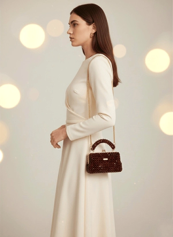 Koyu Kiremit Cam Boncuk Gold Vintage Çerçeveli Çanta