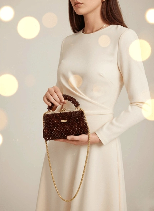 Koyu Kiremit Cam Boncuk Gold Vintage Çerçeveli Çanta