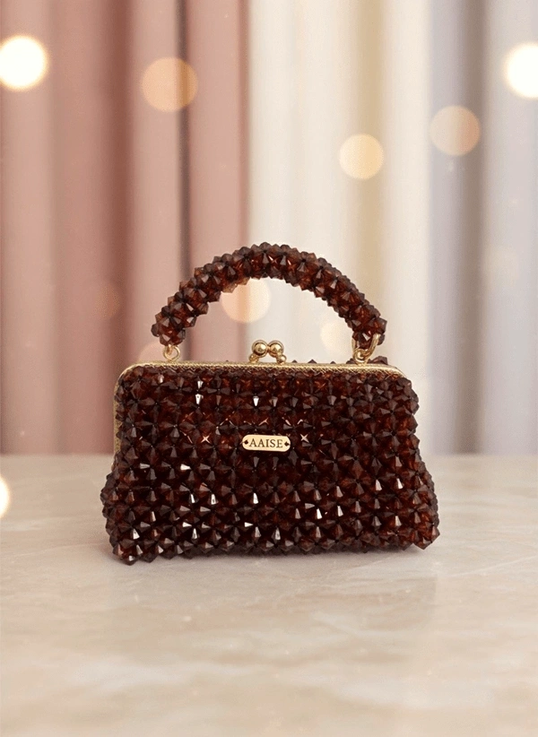 Koyu Kiremit Cam Boncuk Gold Vintage Çerçeveli Çanta