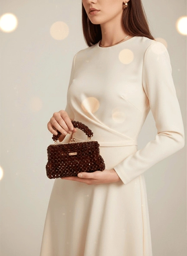 Koyu Kiremit Cam Boncuk Gold Vintage Çerçeveli Çanta