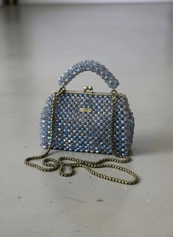 Küçük Kare Hologramlı Boncuk Vintage Çerçeveli Çanta