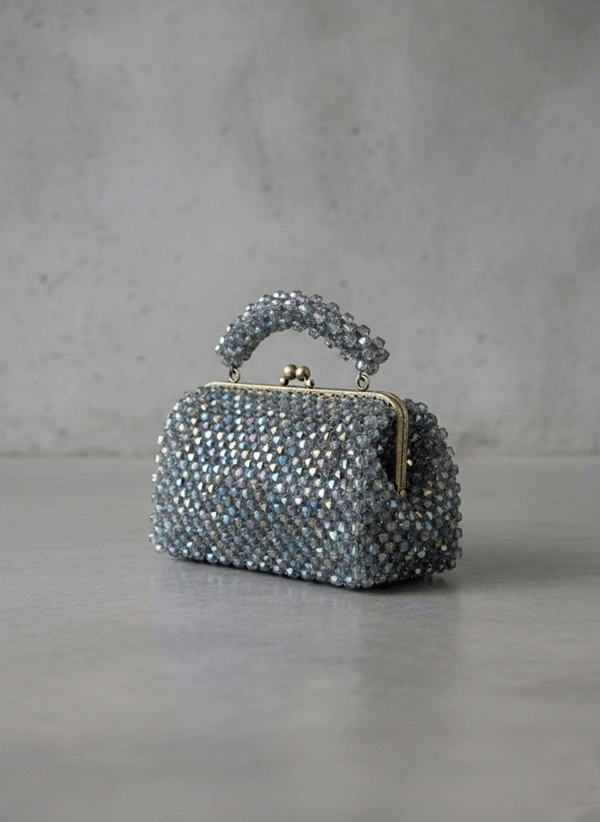 Küçük Kare Hologramlı Boncuk Vintage Çerçeveli Çanta