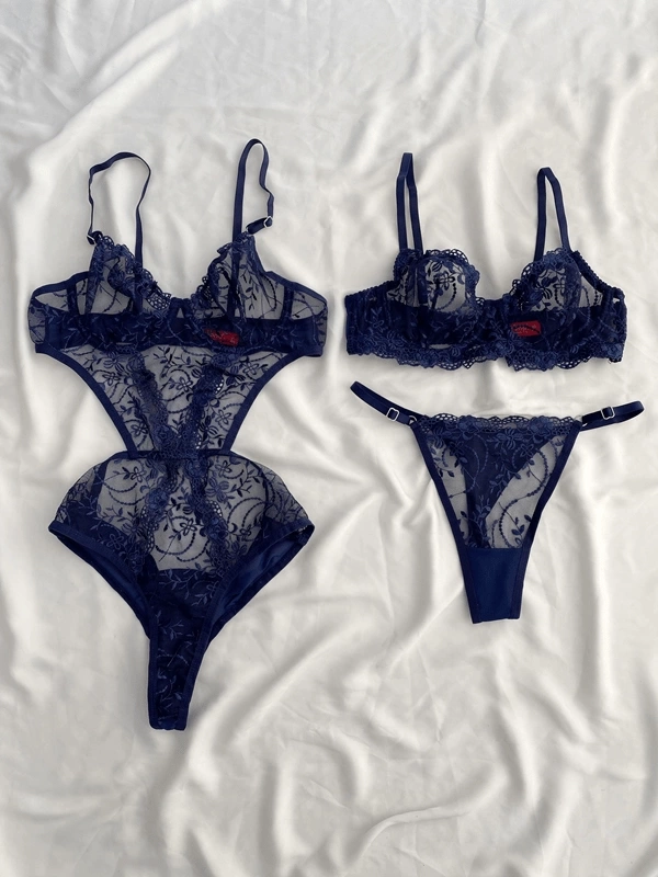 Lacivert Çiçek Detaylı Body & Çiçek İşlemeli Sütyen Takım Kombin