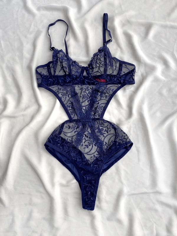 Lacivert Çiçek Detaylı Bodysuit