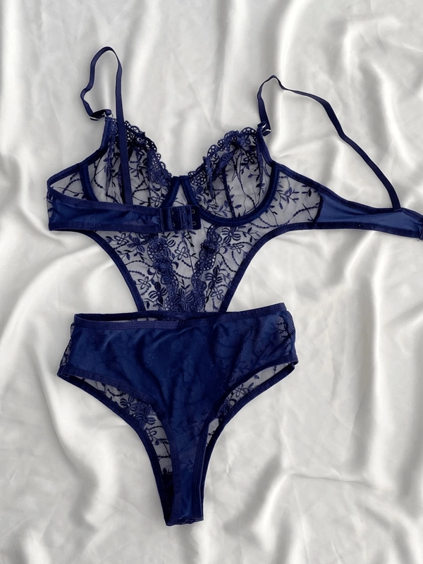 Lacivert Çiçek Detaylı Bodysuit