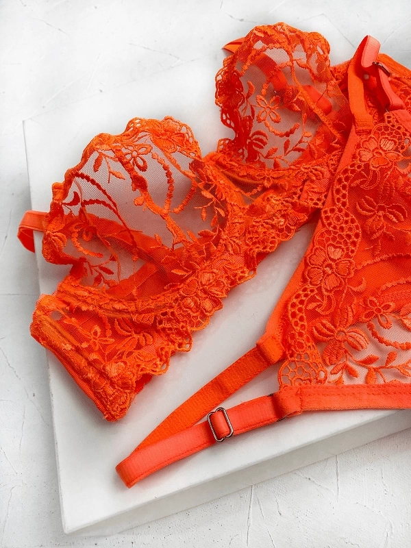 Neon Orange Flower Embroidered Bra Set