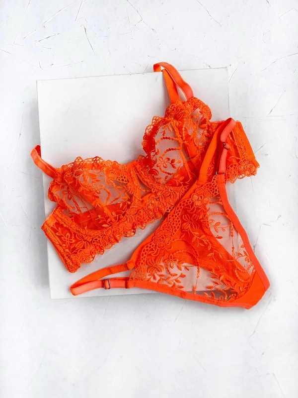 Neon Orange Flower Embroidered Bra Set
