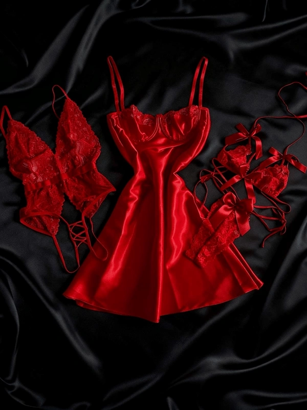 Özel Bölgesi Açık Bodysuit , Saten Gecelik & Dantel Sütyen Takım Kombin
